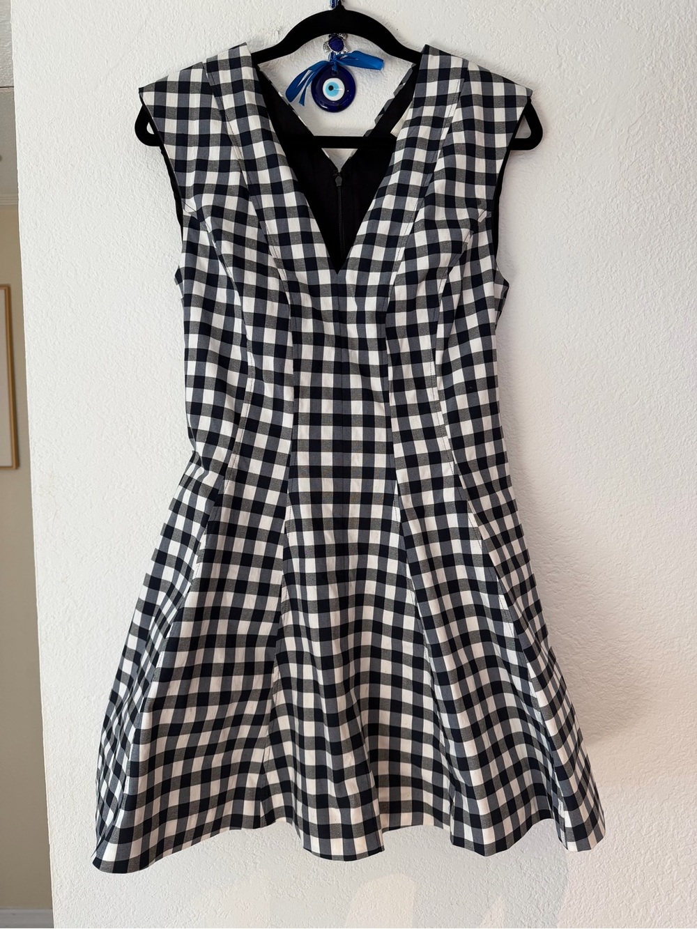 Anthropologie MAEVE Black & White Gingham V-Neck Fit-and-Flare Dress - Picture 3 of 7